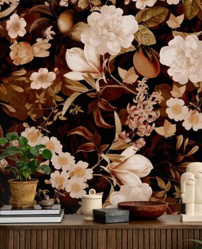 Vintage exotische Pfingstrosen und tropische Früchte night garden wallpaper