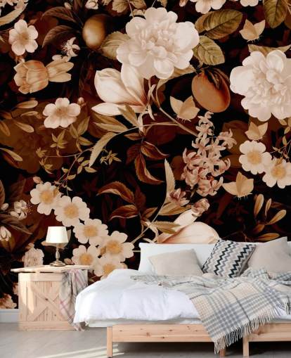 vintage exotic peonies and tropical fruits night garden wallpaper