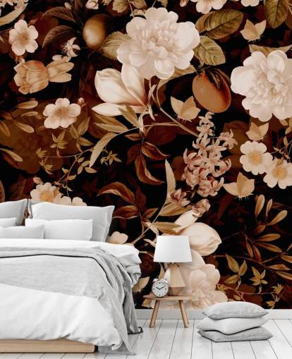 vintage exotic peonies and tropical fruits night garden wallpaper