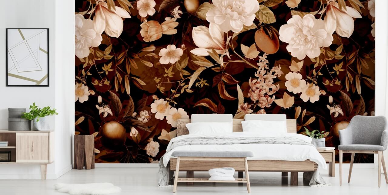 vintage eksotiske pæoner og tropiske frugter nat haven tapet