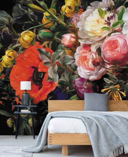 donker bloemen papaver en roos behang