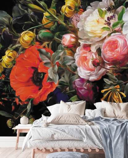 donker bloemen papaver en roos behang