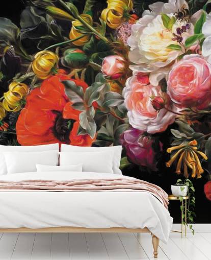 dark floral poppy and rose wallpaper