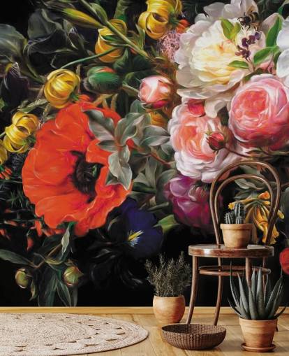 dark floral poppy and rose wallpaper