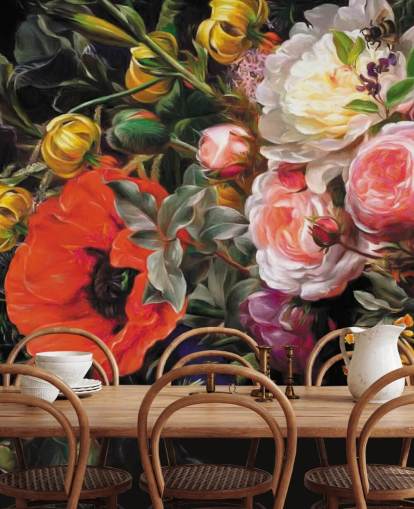 papel pintado floral oscuro amapola y rosa