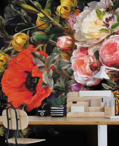 dark floral poppy and rose wallpaper