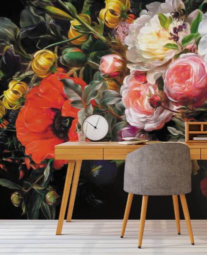 dark floral poppy and rose wallpaper