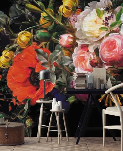 papel pintado floral oscuro amapola y rosa