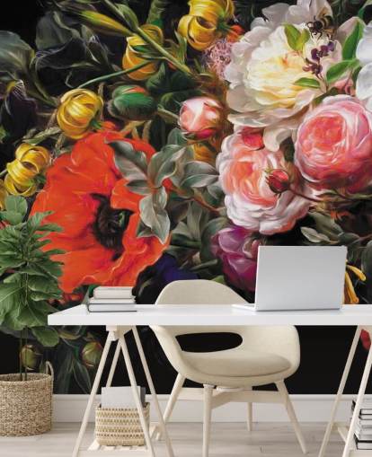 donker bloemen papaver en roos behang