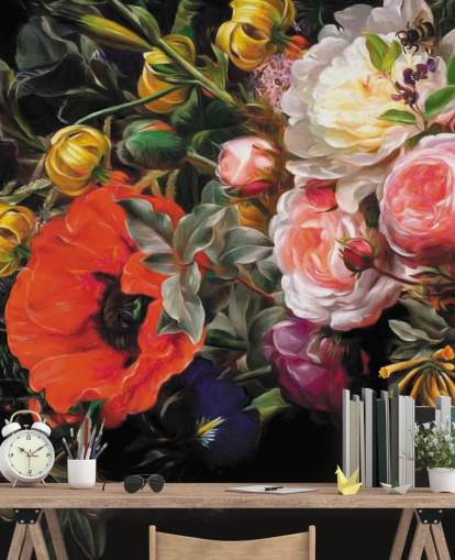 mørk floral valmue og rose tapet