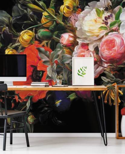 papel de parede floral escuro papoula e rosa