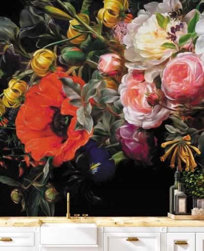 carta da parati floreale con papaveri e rose