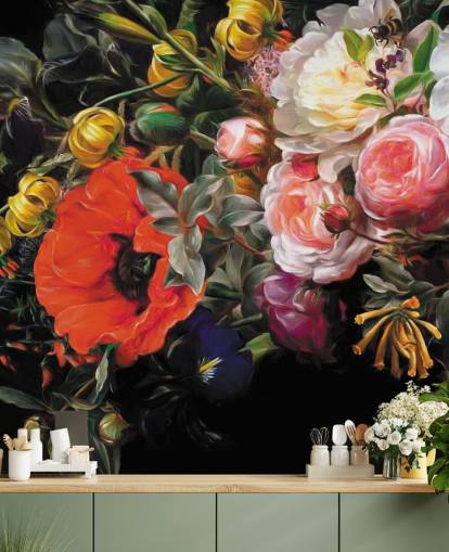 papel pintado floral oscuro amapola y rosa