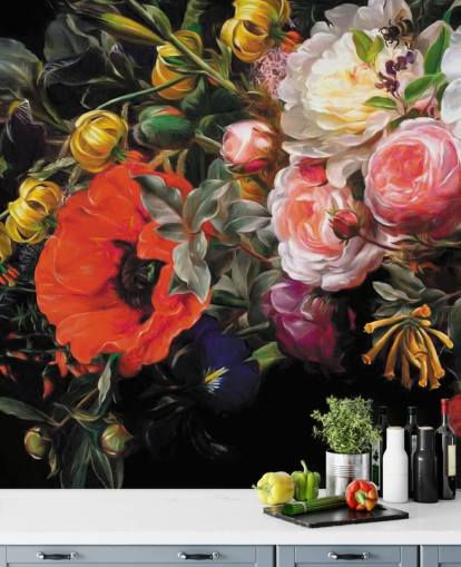 papel pintado floral oscuro amapola y rosa