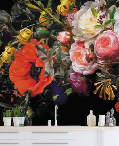 donker bloemen papaver en roos behang