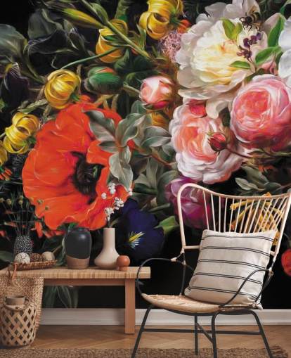 donker bloemen papaver en roos behang