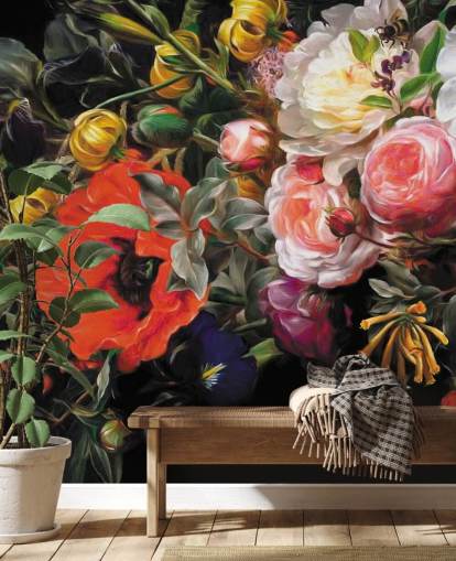 carta da parati floreale con papaveri e rose