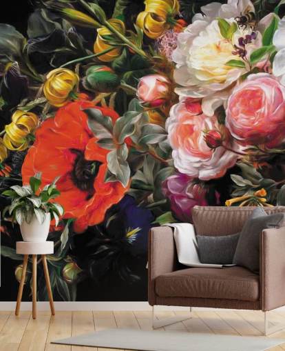 papel pintado floral oscuro amapola y rosa papel pintado floral oscuro amapola y rosa