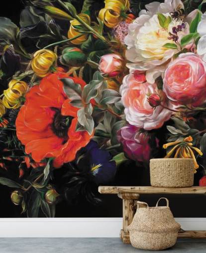 dark floral poppy and rose wallpaper