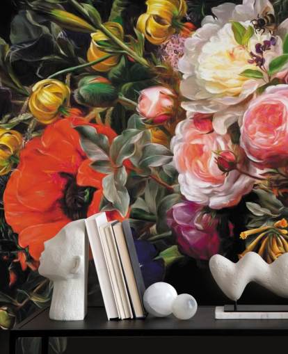 dunkle Blumen Mohn und Rose Papiertapete