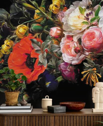 dunkle Blumen Mohn und Rose Papiertapete