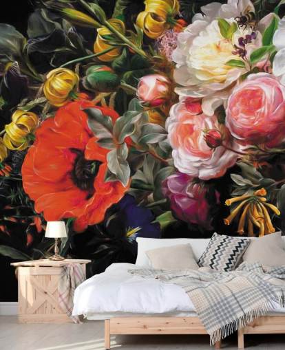 donker bloemen papaver en roos behang