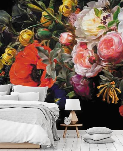 papel pintado floral oscuro amapola y rosa