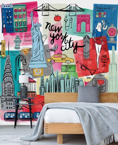 carta da parati colorata con illustrazione di New York City chiamata New York City Life di Farida Zaman per camere da letto e aziende