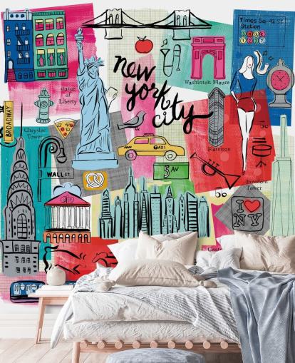 kleurrijke New York City illustratie muurschildering genaamd New York City Life van Farida Zaman voor slaapkamers en bedrijven