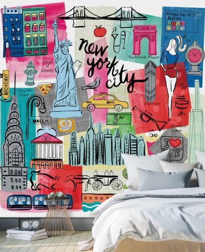 colorido mural de papel pintado con ilustraciones de la ciudad de Nueva York llamado New York City Life de Farida Zaman para dormitorios y negocios