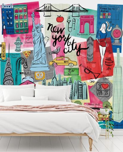 farbenfrohes Wandbild mit New York City-Illustration namens New York City Life von Farida Zaman für Schlafzimmer und Unternehmen