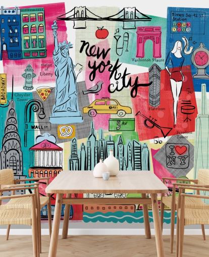 fargerikt New York City-illustrasjon tapetmaleri kalt New York City Life av Farida Zaman for soverom og bedrifter fargerikt New York City-illustrasjon tapetmaleri kalt New York City Life av Farida Zaman for soverom og bedrifter
