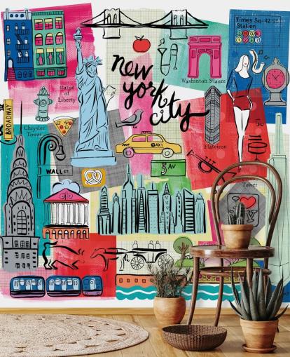 färgglad New York City-illustration tapetväggmålning som heter New York City Life av Farida Zaman för sovrum och företag färgglad New York City-illustration tapetväggmålning som heter New York City Life av Farida Zaman för sovrum och företag