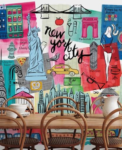 Farida Zamanin värikäs New York Cityn kuvitustapettiseinämaalaus nimeltä New York City Life makuuhuoneisiin ja yrityksiin