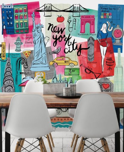 farbenfrohes Wandbild mit New York City-Illustration namens New York City Life von Farida Zaman für Schlafzimmer und Unternehmen farbenfrohes Wandbild mit New York City-Illustration namens New York City Life von Farida Zaman für Schlafzimmer und Unternehmen