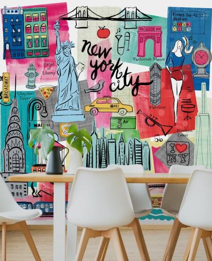 papier peint mural coloré d'illustration de la ville de New York appelé New York City Life par Farida Zaman pour les chambres et les entreprises