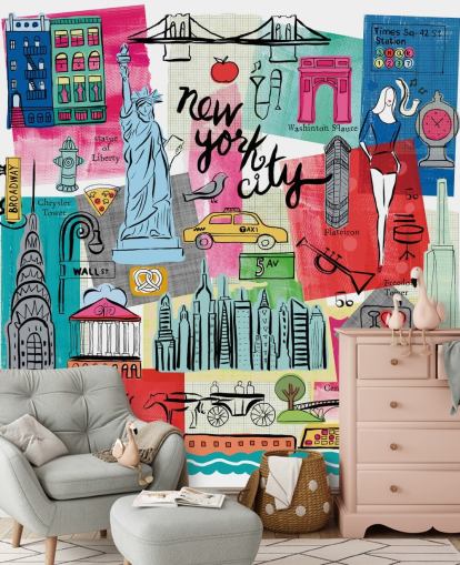 colourful New York City illustration wallpaper mural called New York City Life by Farida Zaman for bedrooms and businesses
