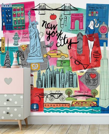 kleurrijke New York City illustratie muurschildering genaamd New York City Life van Farida Zaman voor slaapkamers en bedrijven