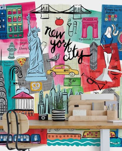 fargerikt New York City-illustrasjon tapetmaleri kalt New York City Life av Farida Zaman for soverom og bedrifter