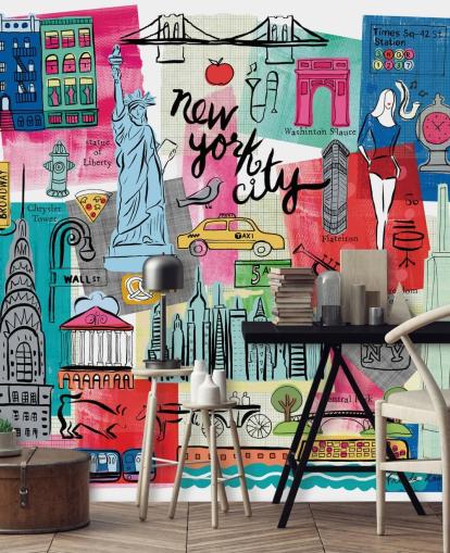 kleurrijke New York City illustratie muurschildering genaamd New York City Life van Farida Zaman voor slaapkamers en bedrijven