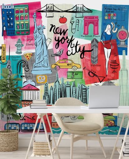 kleurrijke New York City illustratie muurschildering genaamd New York City Life van Farida Zaman voor slaapkamers en bedrijven