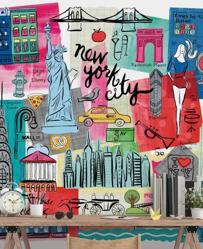 colorido mural de papel pintado con ilustraciones de la ciudad de Nueva York llamado New York City Life de Farida Zaman para dormitorios y negocios colorido mural de papel pintado con ilustraciones de la ciudad de Nueva York llamado New York City Life de Farida Zaman para dormitorios y negocios