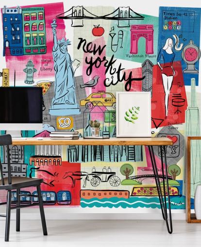 colorful New York City illustration wallpaper mural called New York City Life by Farida Zaman for bedrooms and businesses
