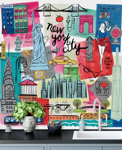 colorful New York City illustration wallpaper mural called New York City Life by Farida Zaman for bedrooms and businesses
