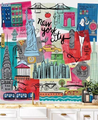 papier peint mural coloré d'illustration de la ville de New York appelé New York City Life par Farida Zaman pour les chambres et les entreprises