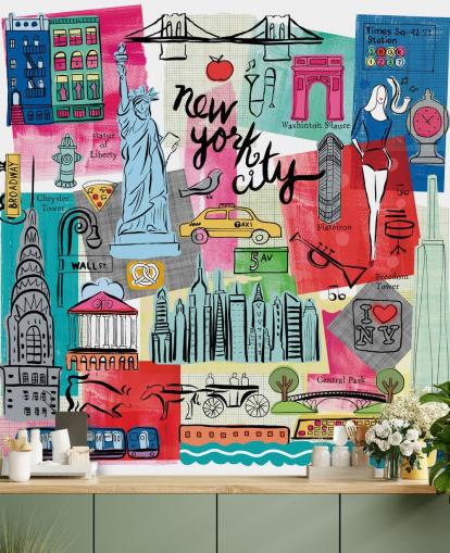 carta da parati colorata con illustrazione di New York City chiamata New York City Life di Farida Zaman per camere da letto e aziende