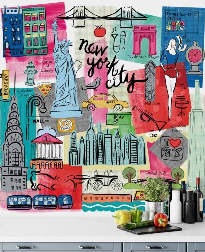 colorful New York City illustration wallpaper mural called New York City Life by Farida Zaman for bedrooms and businesses
