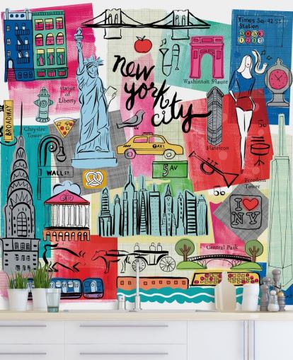 colorido mural de papel pintado con ilustraciones de la ciudad de Nueva York llamado New York City Life de Farida Zaman para dormitorios y negocios