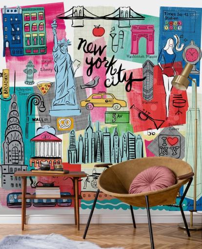 colorido mural de papel pintado con ilustraciones de la ciudad de Nueva York llamado New York City Life de Farida Zaman para dormitorios y negocios