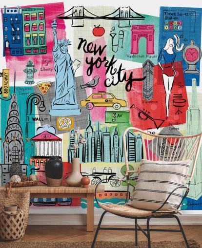 colorful New York City illustration wallpaper mural called New York City Life by Farida Zaman for bedrooms and businesses colorful New York City illustration wallpaper mural called New York City Life by Farida Zaman for bedrooms and businesses
